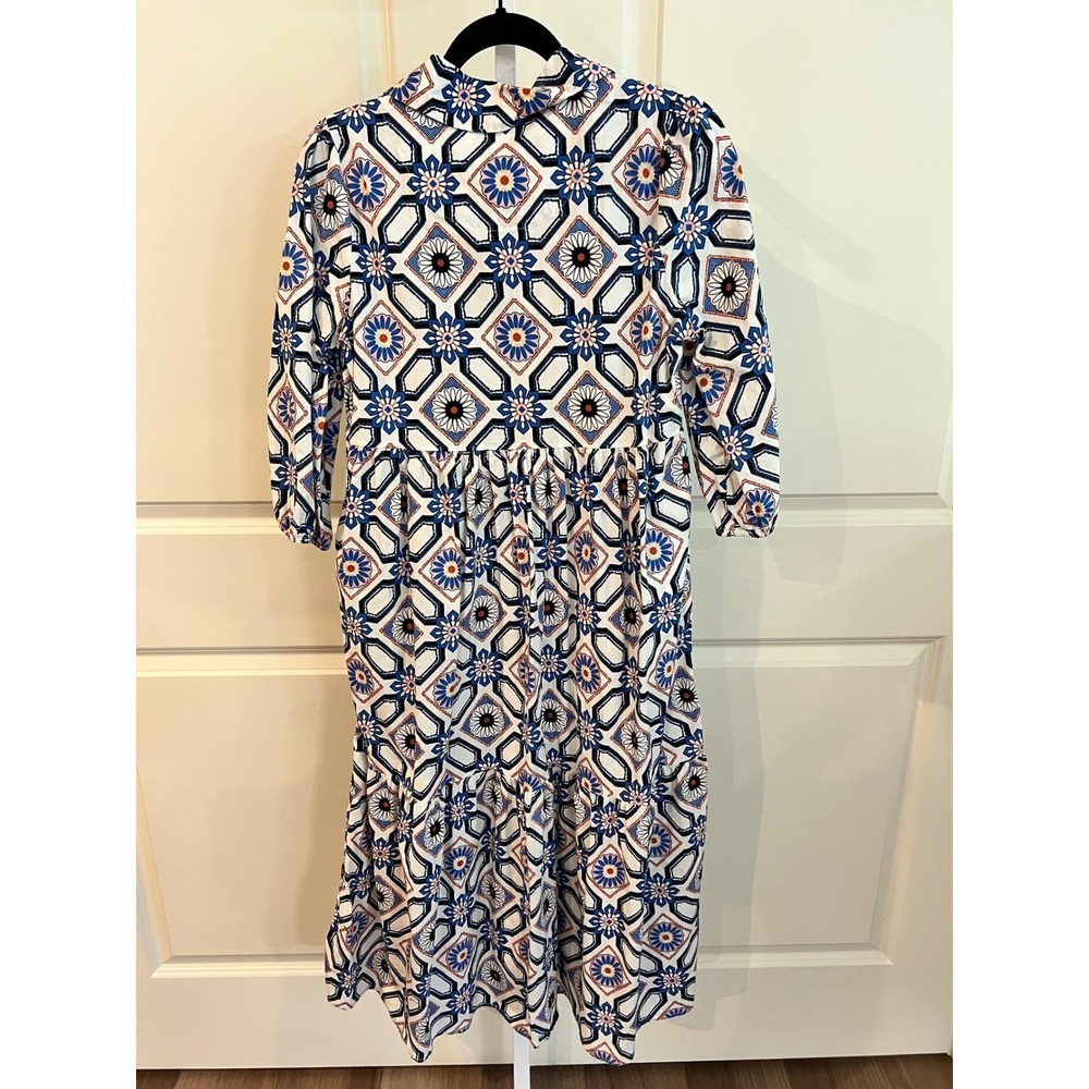 Grace + Karma Womens Blue Geometric Floral Tiered Midi Button Down Dress Small - Picture 5 of 6